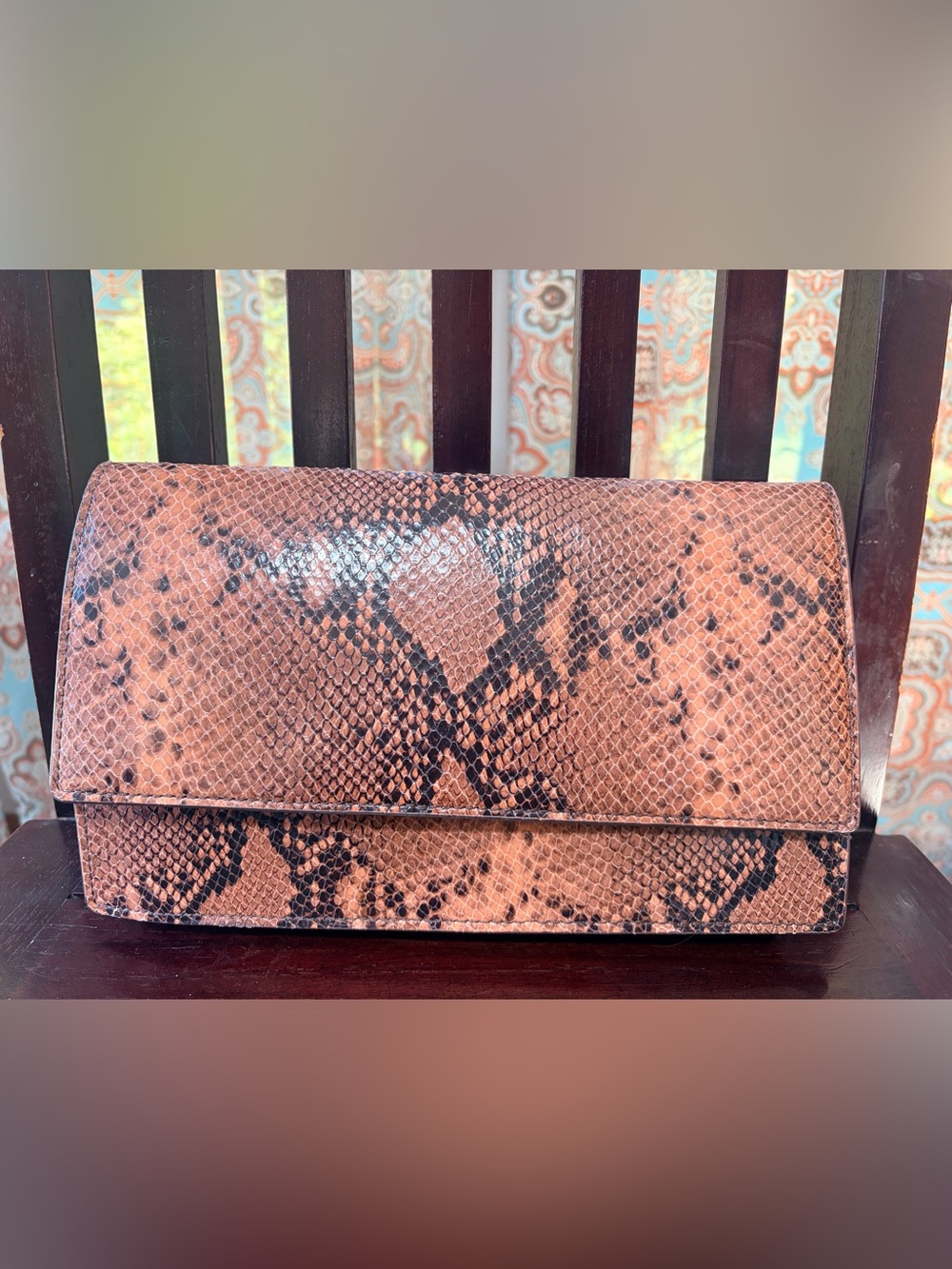 NWT Ann Taylor Snake-Texture Leather Clutch Bag in Rose/Brown